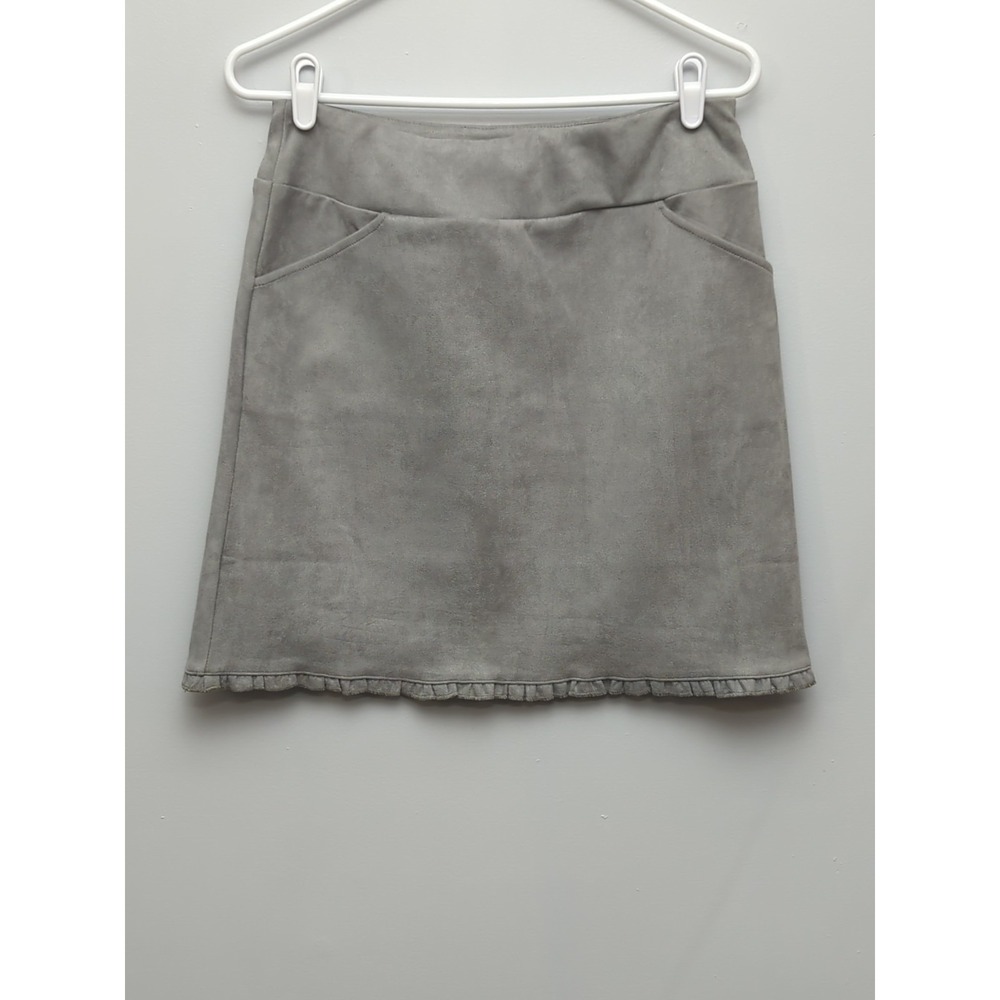 L2 Aryeh Gray Faux Suede Mini Skirt Sz Small Ruffled Hem Pockets‎ Classic Chic